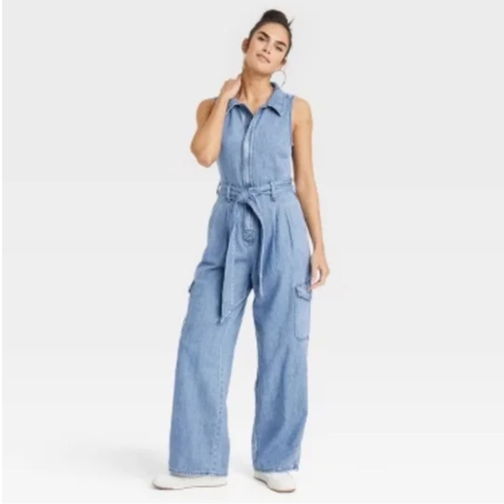 Universal Thread Denim Sleeveless Wide Leg Cargo Utility Jumpsuit Size 6 NWT - Picture 8 of 8
